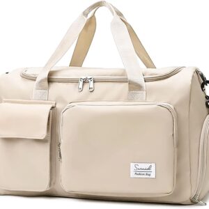 Suruid Sports Gym Bag with Shoes Compartment Travel Duffel Bag with Dry Wet Separated Pocket for Men and Women, Overnight Bag Weekender Bag Training Handbag Yoga Bag - Off White