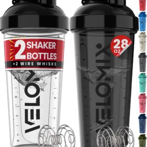VELOMIX -2 Pack- 28 oz Protein Shaker Bottles for Protein Mixes - 2x Wire Whisk | Leak Proof Shaker Cups for Protein Shakes | Protein Shaker Bottle Pack | Shakers for Protein Shakes-Black&Transparent